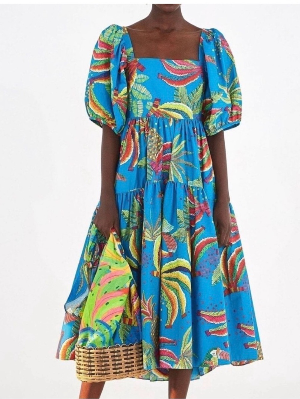 Farm Rio Blue Bananas Tropical Blue Puff Sleeve Midi Dress | M - Picture 2 of 5